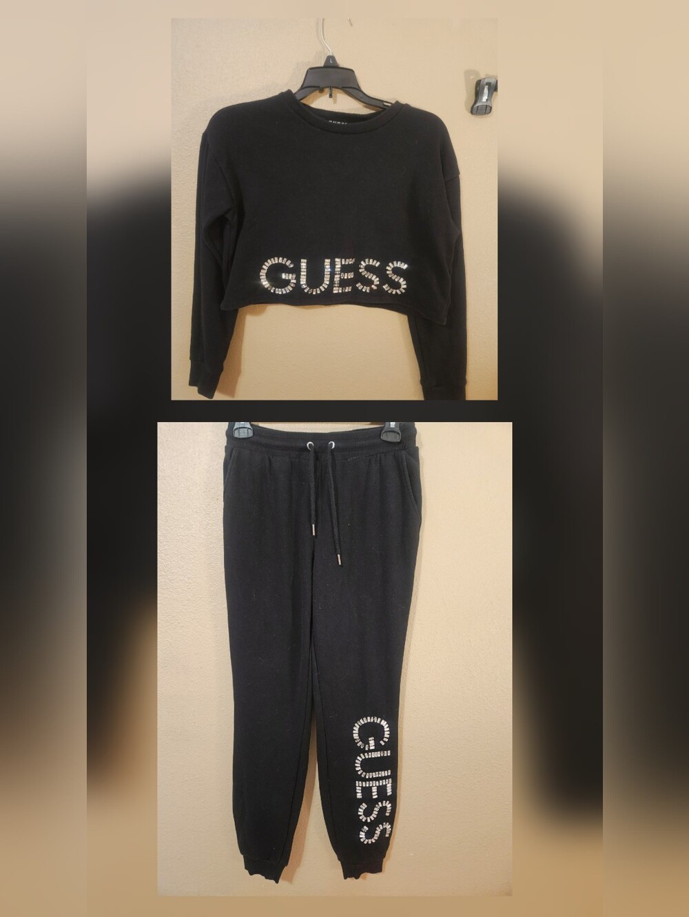 Womens Black GUESS Bling Logo Loungewear Set. Crop Top & Joggers. Sz XS